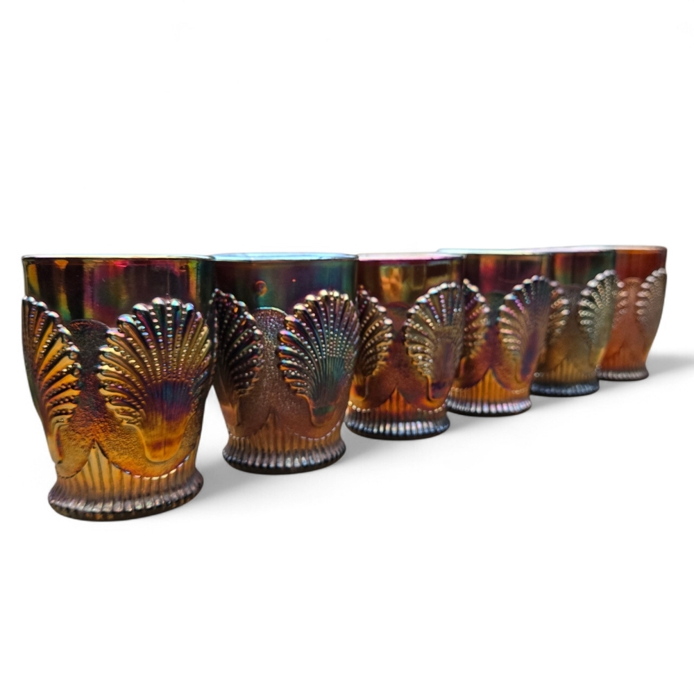 Dugan Beaded Beach Sea Clam Shell Carnival Glass Vintage Cups Set Of 6